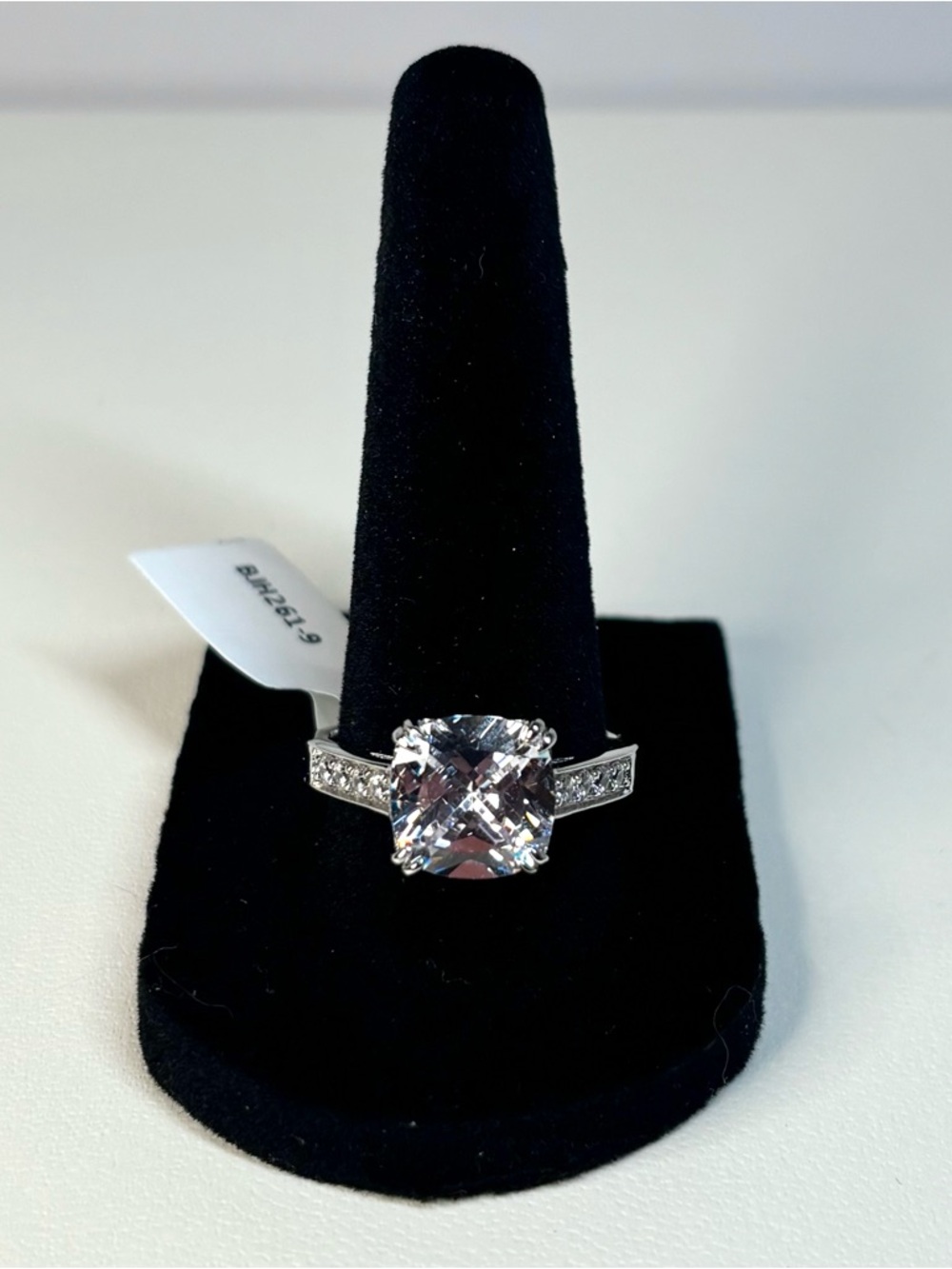 Sterling silver ring with an ~8 carat square cushion cut center CZ stone